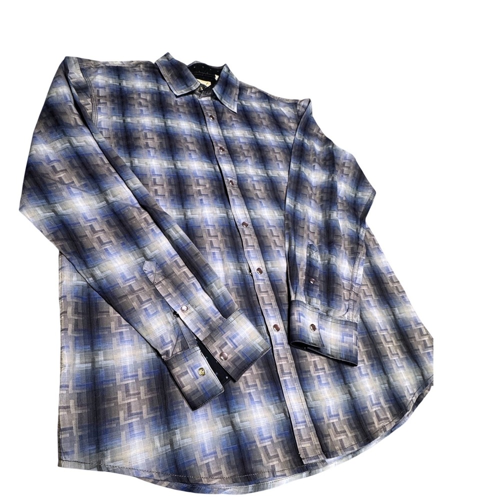 Age of Wisdom Shirt Mens XL Cotton Geometric Plaid Snap Button Blue Artsy Modern - Picture 2 of 9